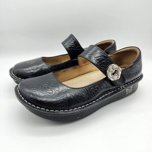 Alegria Paloma Black Embossed Rose Leather Mary Jane Shoes Womens 39, US 9